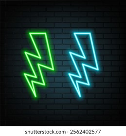 lightning 3d render electric power symbol, retro neon glowing sign isolated on black background, ultraviolet light, electric lamp, speed metaphor, electricity icon, fluorescent.