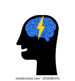 lightning in abstract human head like insight. cartoon flat trend modern evrika or skill logotype graphic design isolated on white. concept of think outside the box and genius person or subconscious