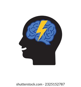 lightning in abstract human head like insight. cartoon flat trend modern evrika or skill logotype graphic design isolated on white. concept of think outside the box and genius person or subconscious