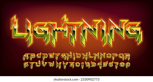 Lightning alphabet font. Glowing letters and numbers in hard rock style. Retro typescript for your typography design.