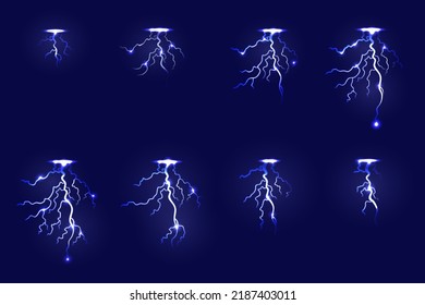 Animación relámpago. Efecto de trueno animado efecto fx molido dibujos animados de la energía eléctrica luz de la animación de la energía 2d marco de juego voltaje de la electricidad flash ilustración vectorial del clima de peligro