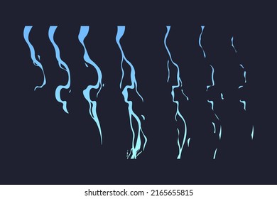 Animación relámpago. Tornillo de caricatura golpea marcos de sprite para juego 2D, activo de clipart de ataque eléctrico en tierra. El movimiento de energía mágica de la tormenta vectorial. Tormenta climática, coloridos destellos