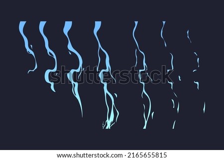 Lightning animation. Cartoon thunderbolt strike sprite frames for 2D game, electric ground attack clipart asset. Vector thunderstorm magic energy motion set. Weather storm, colorful flashes