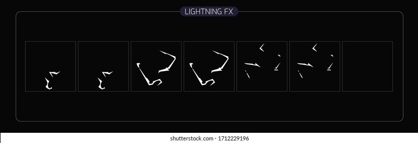 Lightning animation effect. thunderbolt sprite sheet for Video Game, Cartoon, Animation and motion design. 2D Classic lighting fx. EPS-10 vector illustration.