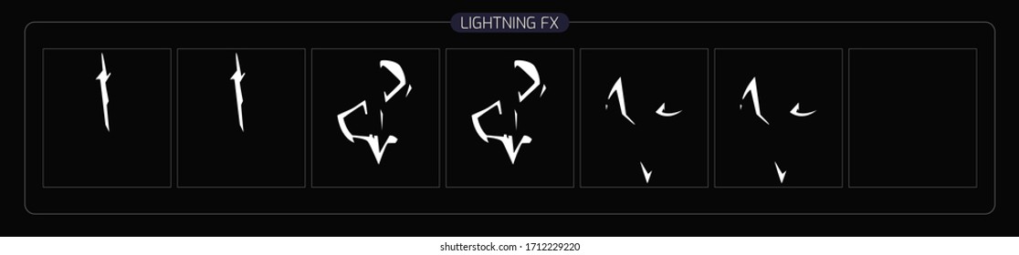 Lightning animation effect. thunderbolt sprite sheet for Video Game, Cartoon, Animation and motion design. 2D Classic lighting fx. EPS-10 vector illustration.