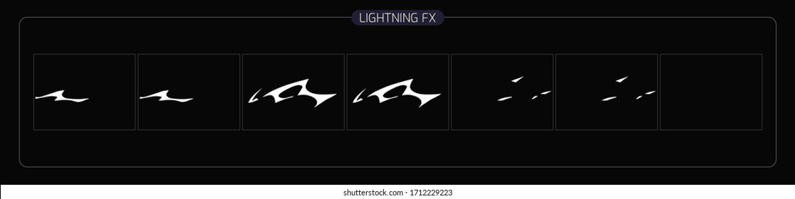 Lightning animation effect. thunderbolt sprite sheet for Video Game, Cartoon, Animation and motion design. 2D Classic lighting fx. EPS-10 vector illustration.