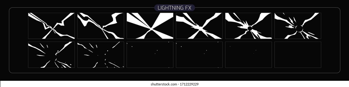 Lightning animation effect. thunderbolt sprite sheet for Video Game, Cartoon, Animation and motion design. 2D Classic lighting fx. EPS-10 vector illustration.