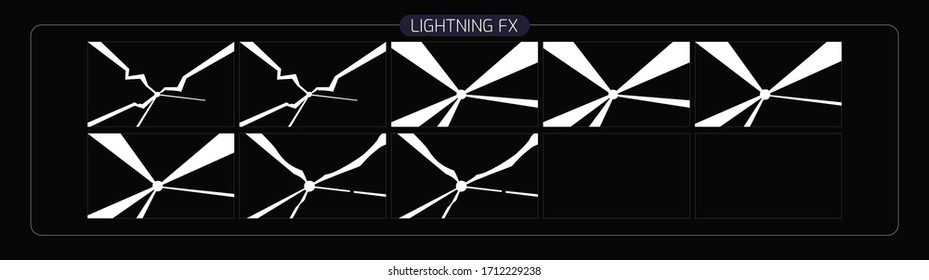 Lightning animation effect. thunderbolt sprite sheet for Video Game, Cartoon, Animation and motion design. 2D Classic lighting fx. EPS-10 vector illustration.