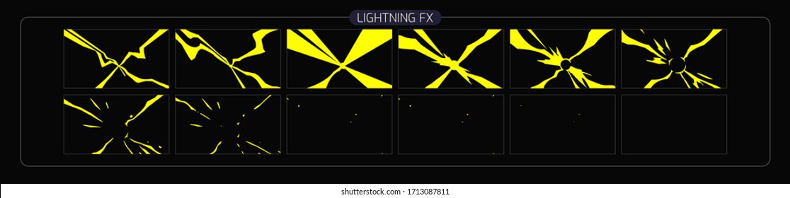 Lightning animation effect. thunderbolt sprite sheet for Video Game, Cartoon, Animation and motion design. Colorful lighting fx. EPS-10 vector illustration.