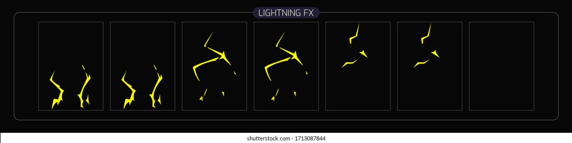 Lightning animation effect. thunderbolt sprite sheet for Video Game, Cartoon, Animation and motion design. Colorful lighting fx. EPS-10 vector illustration.