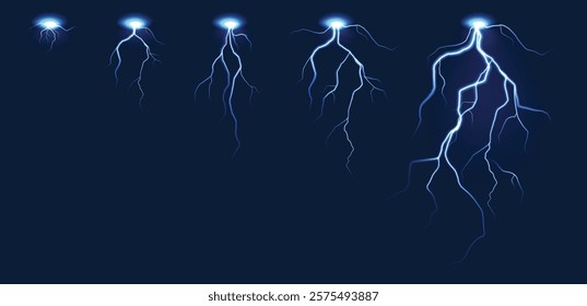 Lightning animation. Lightnings sprite sheet, thunderbolt purple strikes, realistic thunderstorm electric impact. Vector game fx animation storyboard isolated set.