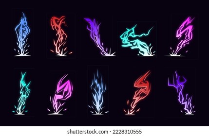 Lightning animation set with sparks. Cartoon lightning effect. Thunderbolt strike comic sprite asses for 2D game