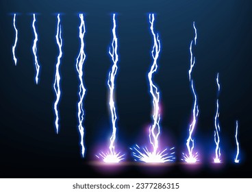 Lightning animation set with sparks. Electricity thunderbolt danger, light electric powerful thunder. Bright energy effect, vector illustration