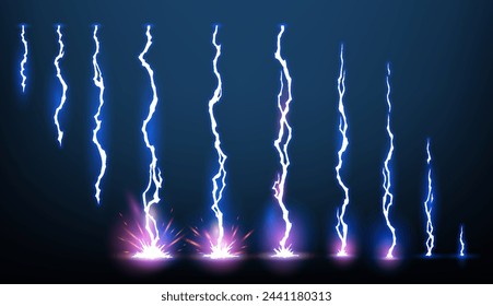 Lightning animation set with sparks. Electricity thunderbolt danger, light electric powerful thunder. Bright energy effect, vector illustration