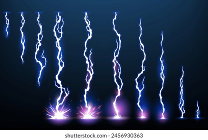 Lightning animation set with sparks. Electricity thunderbolt danger, light electric powerful thunder. Bright energy effect, vector illustration