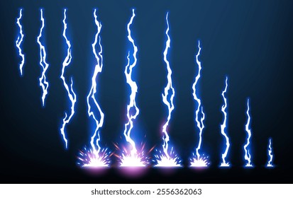 Lightning animation set with sparks. Electricity thunderbolt danger, light electric powerful thunder. Bright energy effect, vector illustration