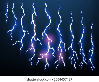 Lightning animation set with sparks. Electricity thunderbolt danger, light electric powerful thunder. Bright energy effect, Vector illustration