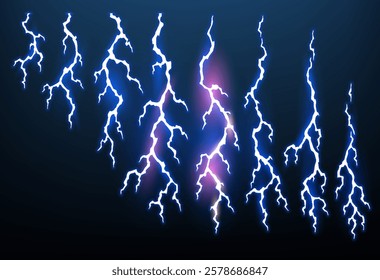 Lightning animation set with sparks. Electricity thunderbolt danger, light electric powerful thunder. Bright energy effect, vector illustration