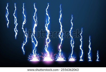Lightning animation set with sparks. Electricity thunderbolt danger, light electric powerful thunder. Bright energy effect, vector illustration