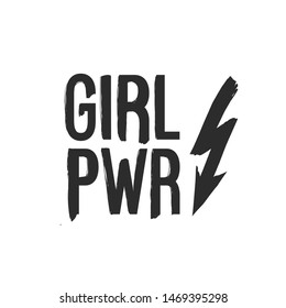 Lightning arrow and girl power. Feminist black elements on white background. Woman feminism textile t-shirt design. Female hand drawn brush graphic. Vector illustration. Girl power concept.