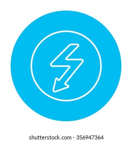 Lightning arrow going down inside circle line icon for web, mobile and infographics. Vector white icon on the light blue circle isolated on white background.