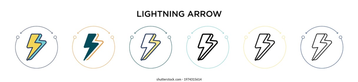 Lightning arrow icon in filled, thin line, outline and stroke style. Vector illustration of two colored and black lightning arrow vector icons designs can be used for mobile, ui, web