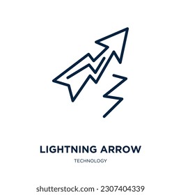 lightning arrow icon from technology collection. Thin linear lightning arrow, arrow, lightning outline icon isolated on white background. Line vector lightning arrow sign, symbol for web and mobile