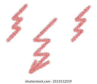 Lightning and arrow. Tinsel. Three red, shaggy lines are curved in a zigzag shape. Color vector illustration. Electric current. Isolated white background. Idea for web design.