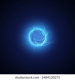 Bola relámpago. Esfera eléctrica aislada sobre un fondo oscuro. Energía explosiva mágica brillante brillante. Portal, transición a otro mundo. Poderoso rayo. Ilustración vectorial.