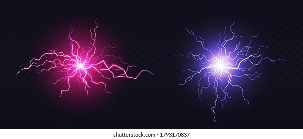 Lightning ball, electric strike impact. Vector realistic set of sparking blue and pink flashes, electrical discharge of thunderstorm isolated on dark transparent background