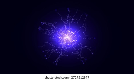 Lightning Ball Energy Flash Circle Electric Data Flow Tech Background AI Digital Neural Network Net, Science Medical Health Technology. Blue Purple Glowing Fractal Backdrop. Vector Illustration