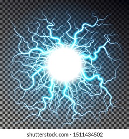 Lightning ball isolated on dark checkered background. Transparent round thunderbolt effect. Realistic lightning decoration pattern. Electric  texture design. Vector illustration.