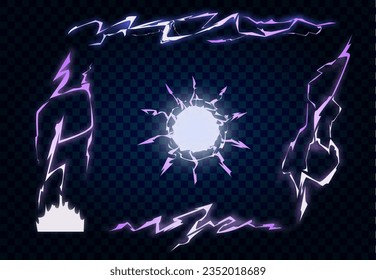 Lightning, ball lightning, light energy lightning phasers. A natural phenomenon. Colorful visual effects of lightning. Silhouette, pattern. Energy visual effects, set. Vector illustration