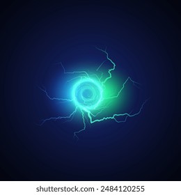 Lightning ball. Sphere with electrical discharges and sparks isolated on a dark background. Vector blue-green glow all around. A mystical portal to another dimension. Powerful flow of energy