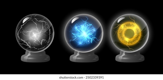 Lightning ball in sphere shield on a stand vector set. Plasma sphere, glowing fireball in defense glass shell. Thunderbolt, energy strike discharge. Light flash round, electrical flare effect