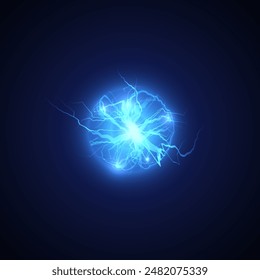 Blitzball-Vektorillustration. Blaue Plasmakugel, Blitzlichtleistung, Energieentladung. Lichtblitzneon rund, elektrischer Flare-Effekt auf Schwarz. Glühender Feuerball, explodieren