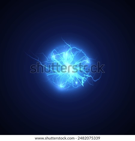 Lightning ball vector illustration. Blue plasma sphere, thunderbolt bright power, energy strike discharge. Light flash neon round, electrical flare effect on black. Glowing fireball, explode