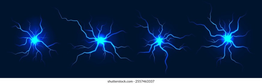 Lightning balls. Flash light thunder spark, electric blast storm or thunderbolt with radial rays. Sparking thunderbolt explosion. Plasma burst vector realistic set.