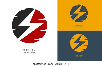 lightning and black red planet logo icon element. perfect for corporate strength and agility logos. vector abstract flat design.