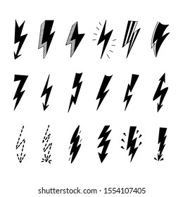 Lightning black silhouette and dash line vector illustrations set. Thunderbolts isolated pack. Electric power, danger signs on white background. Thunderstorm, flash design elements collection