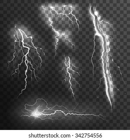  Lightning black white transparent set with zigzag lightnings realistic isolated vector illustration 