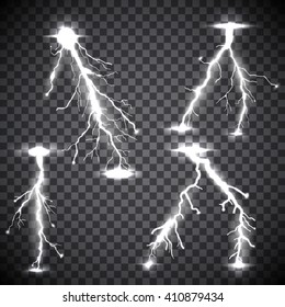 Lightning black white transparent set with zigzag lightnings realistic isolated vector illustration