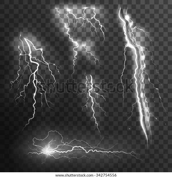  Lightning black\
white transparent set with zigzag lightnings realistic isolated\
vector illustration 