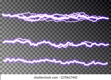 Lightning blast vector isolated on checkered background. Electric discharge. Thunderbolt or lightning visual transparent effect. Energy blast plasma, spark line. Vector illustration.