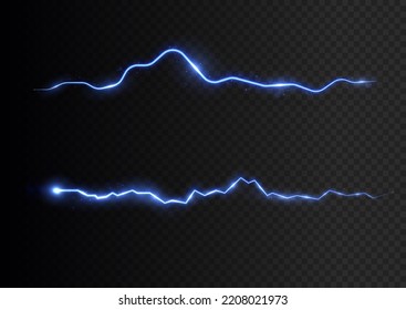 Lightning, blue color lightning strike during a night storm, electrical energy, electric shock, flash of magical energy. Powerful prospective discharge, Light Spark Storm Flash Thunderstorm. Vector