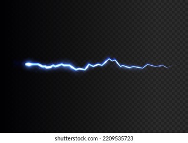 Lightning, blue color lightning strike during a night storm, electrical energy, electric shock, flash of magical energy. Powerful prospective discharge, Light Spark Storm Flash Thunderstorm. Vector