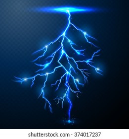 Lightning of blue on black background with transparency for design.Vector