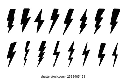 Lightning bold icons set. Energy and electricity, speed. Flash arrow. Charging and voltage. Thunderbolt and storm. Force and strike. Linear vector collection isolated on white background