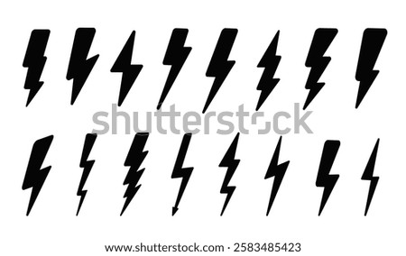 Lightning bold icons set. Energy and electricity, speed. Flash arrow. Charging and voltage. Thunderbolt and storm. Force and strike. Linear vector collection isolated on white background
