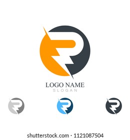 Lightning bold logotype. Flash abstract icon. Electricity energy logo concept. P letter simple symbol. Negative space style.